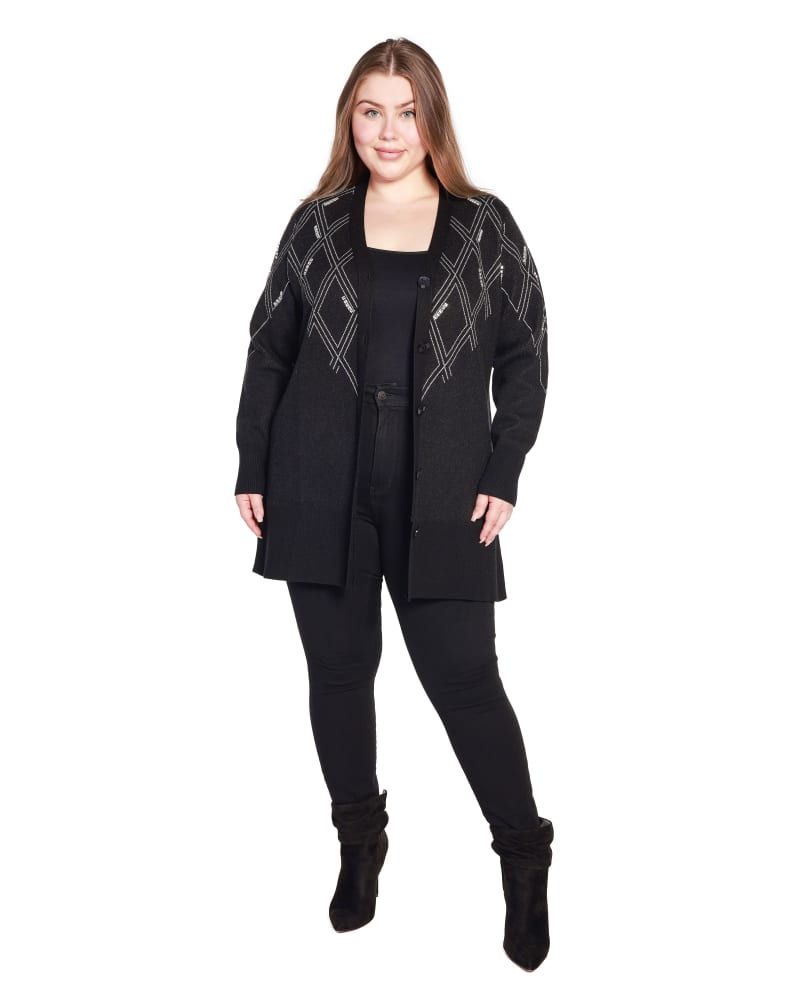 Front of a model wearing a size 3X Plus Size Diamond Pattern Embellished Cardigan in Black combo by Belldini. | dia_product_style_image_id:319355